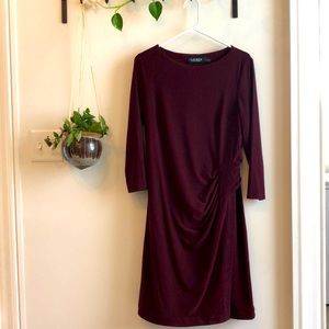Ralph Lauren plum long sleeve dress. Side ruching waist and velvet trip hem.